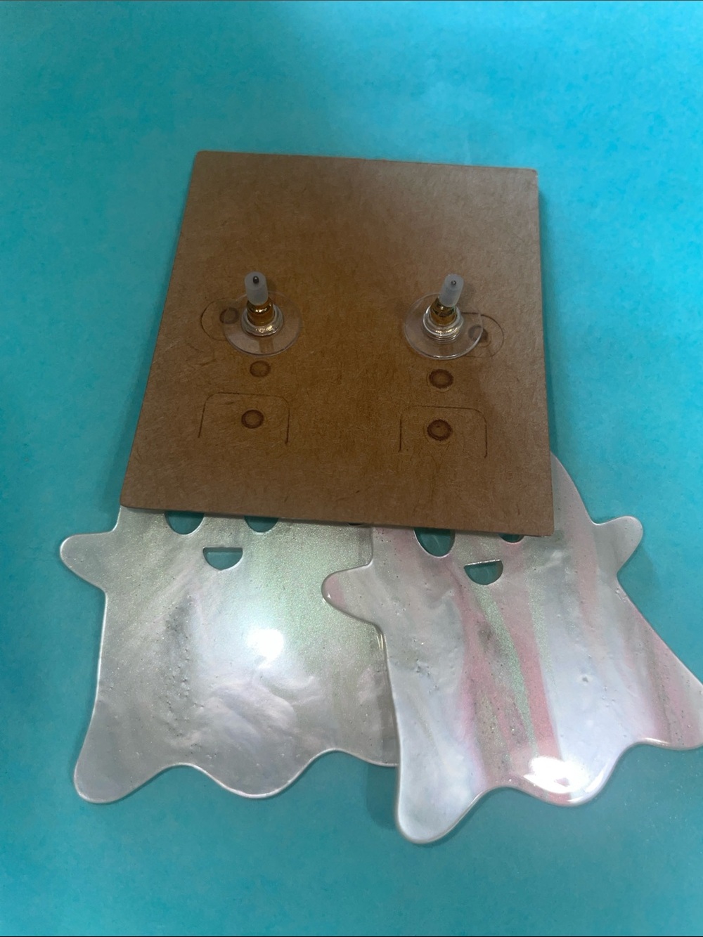 Plunder Iridescent Pearl Ghost Drop Earrings with Pink-Red Glitter Posts - Picture 3 of 5